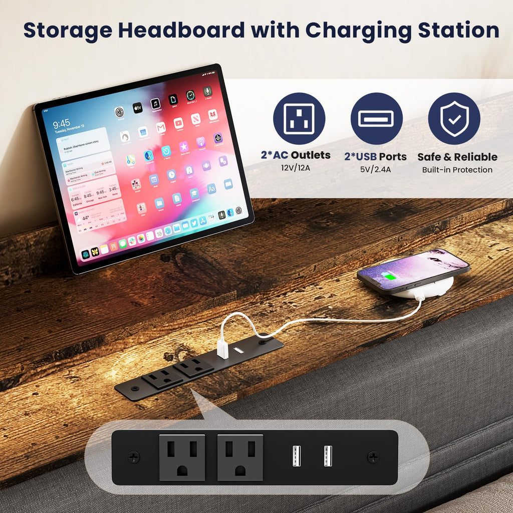 Full Bed Frame with LED Light Storage Headboard and Charging Station J199059