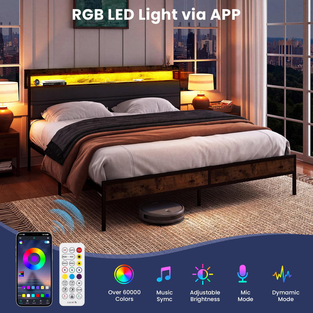 Full Bed Frame with LED Light Storage Headboard and Charging Station J199059