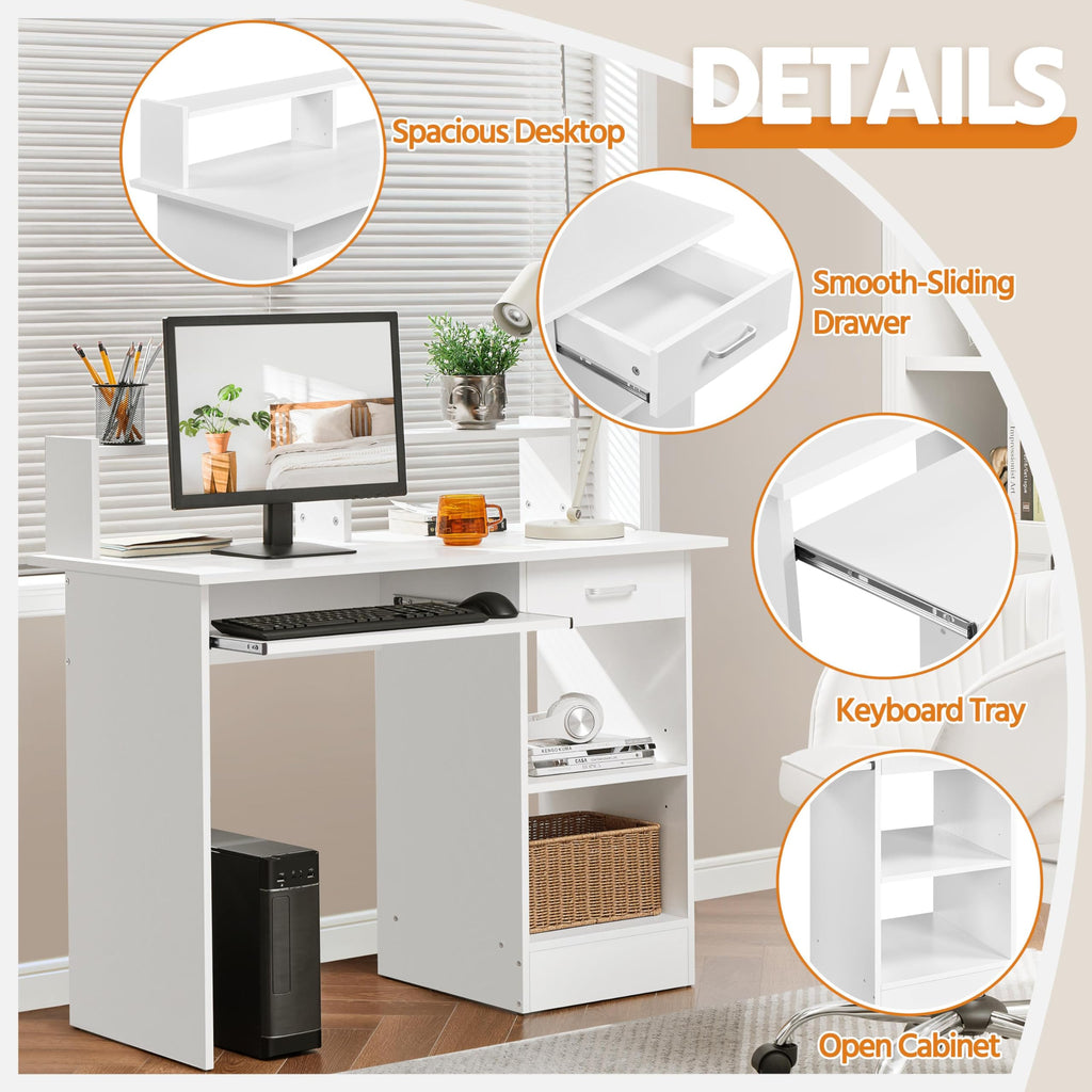 White Computer Desk with Keyboard Tray, Drawers, and Shelves G74662
