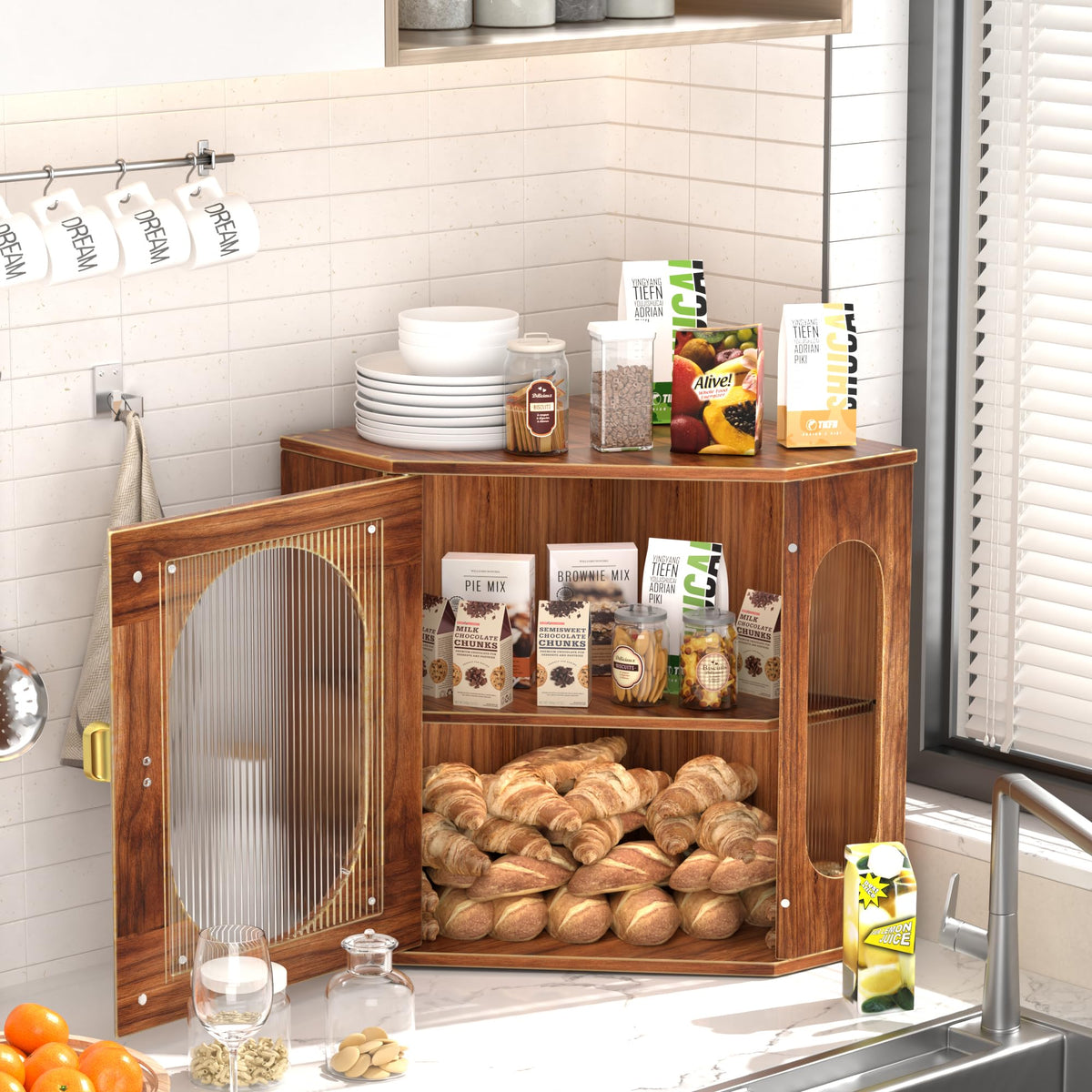 Large Wooden Double Layer Bread Box with Acrylic Window Q12860