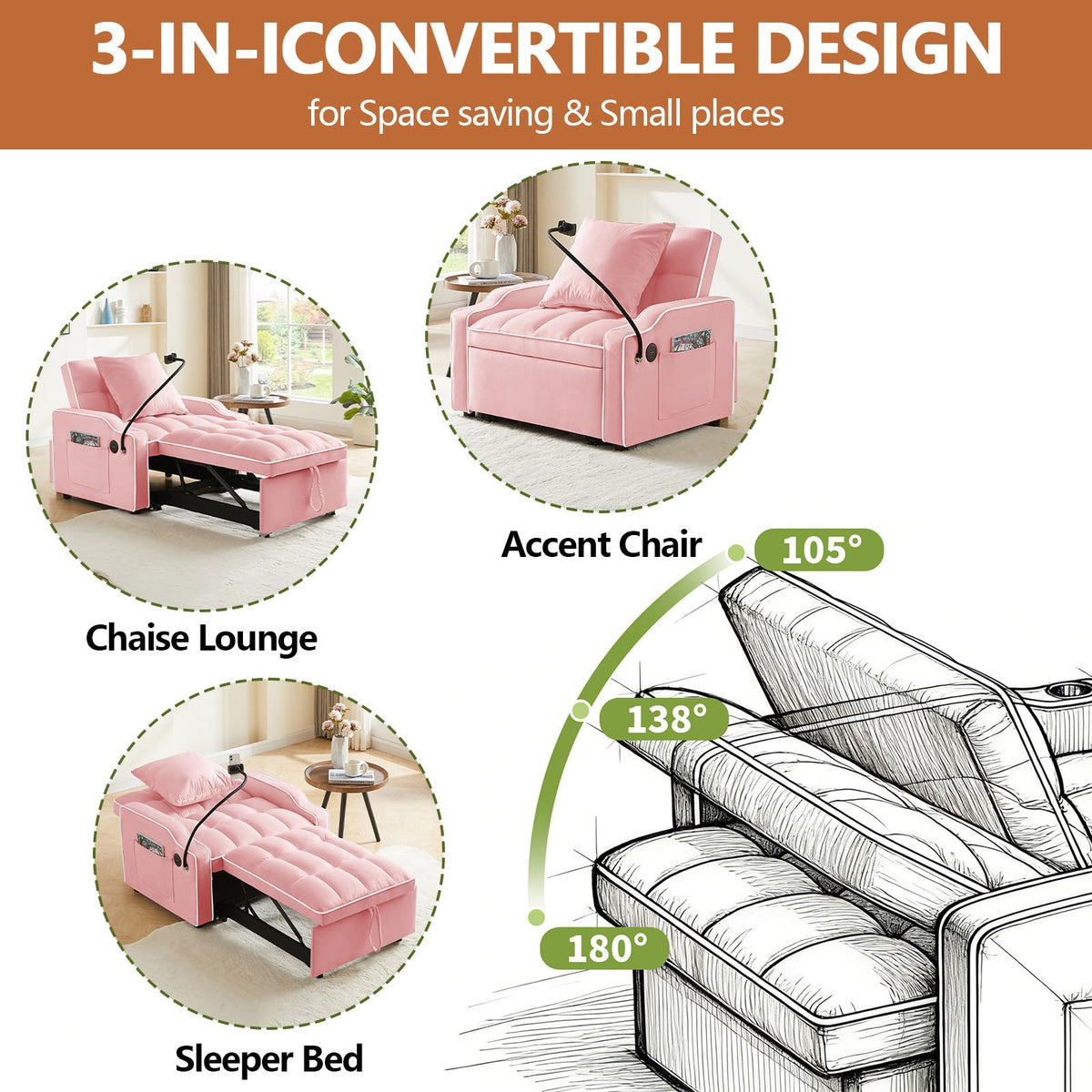 Pink Velvet Sofa Bed K89857