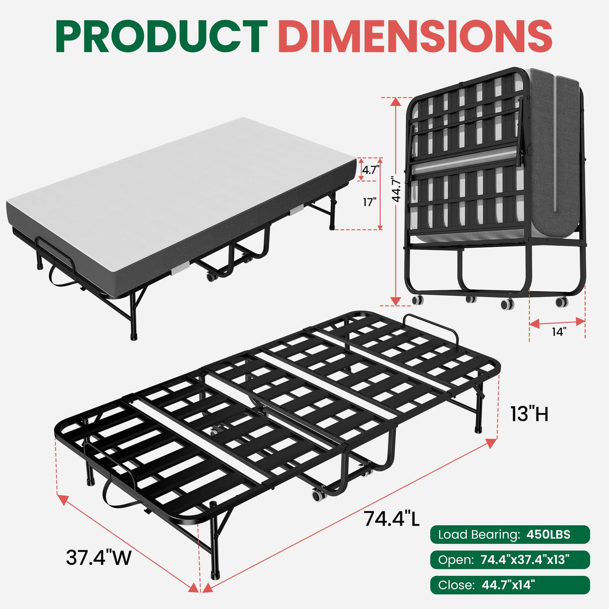 Folding Bed with Mattress with Wheels V81793