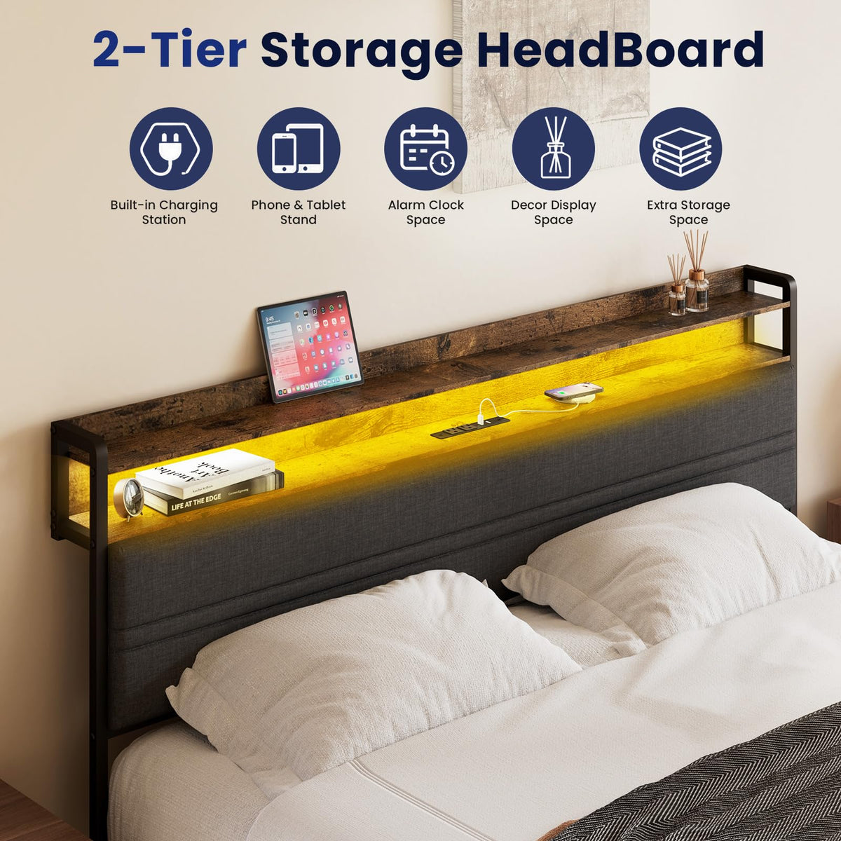 Full Bed Frame with LED Light Storage Headboard and Charging Station J199059