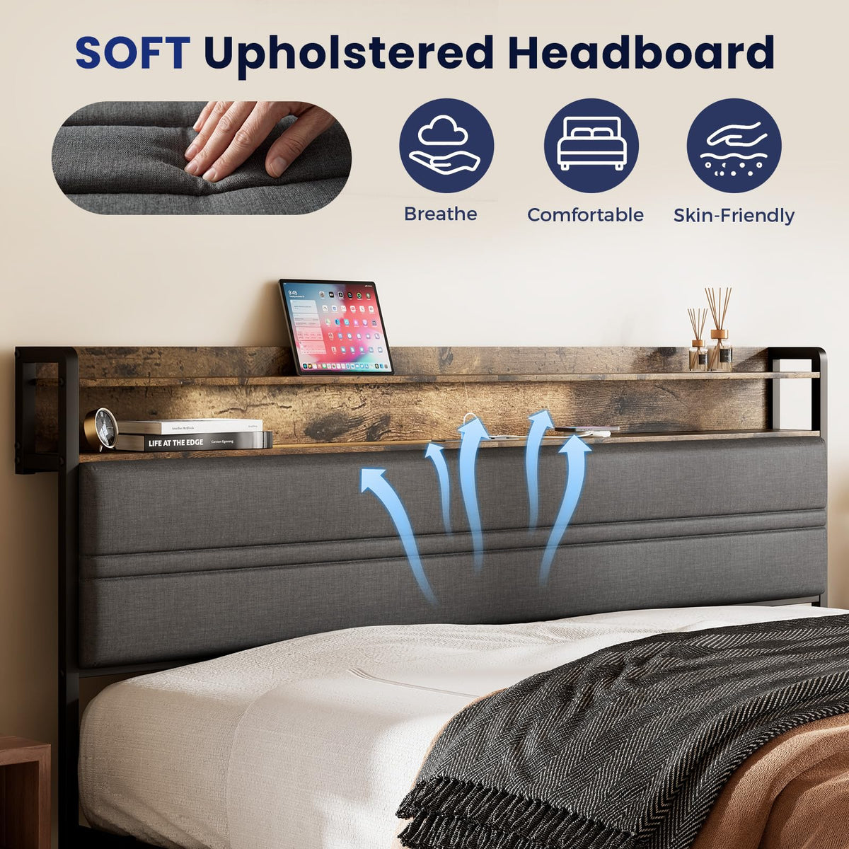 Full Bed Frame with LED Light Storage Headboard and Charging Station J199059