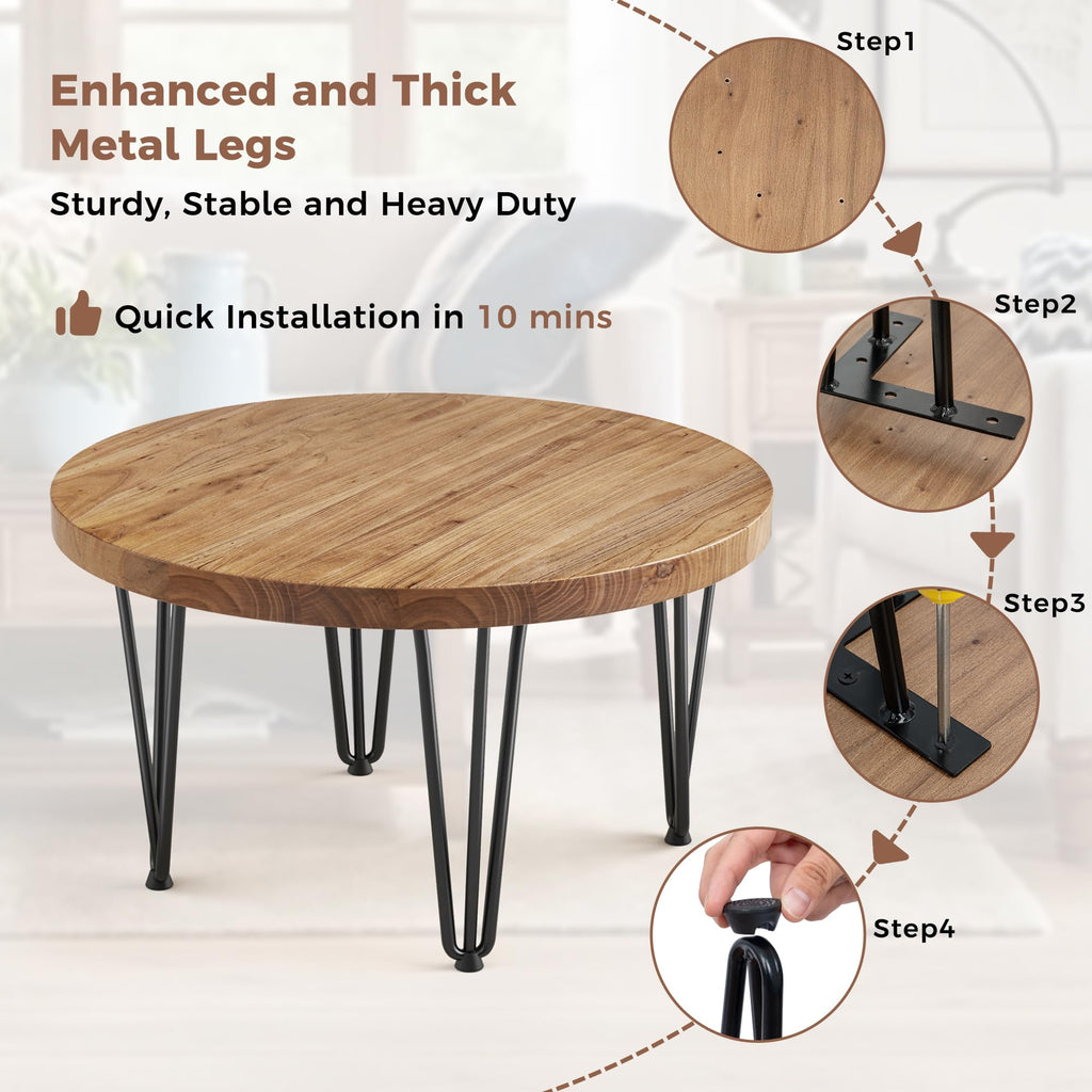 Rustic Wood Round Coffee Table with Metal Legs O152
