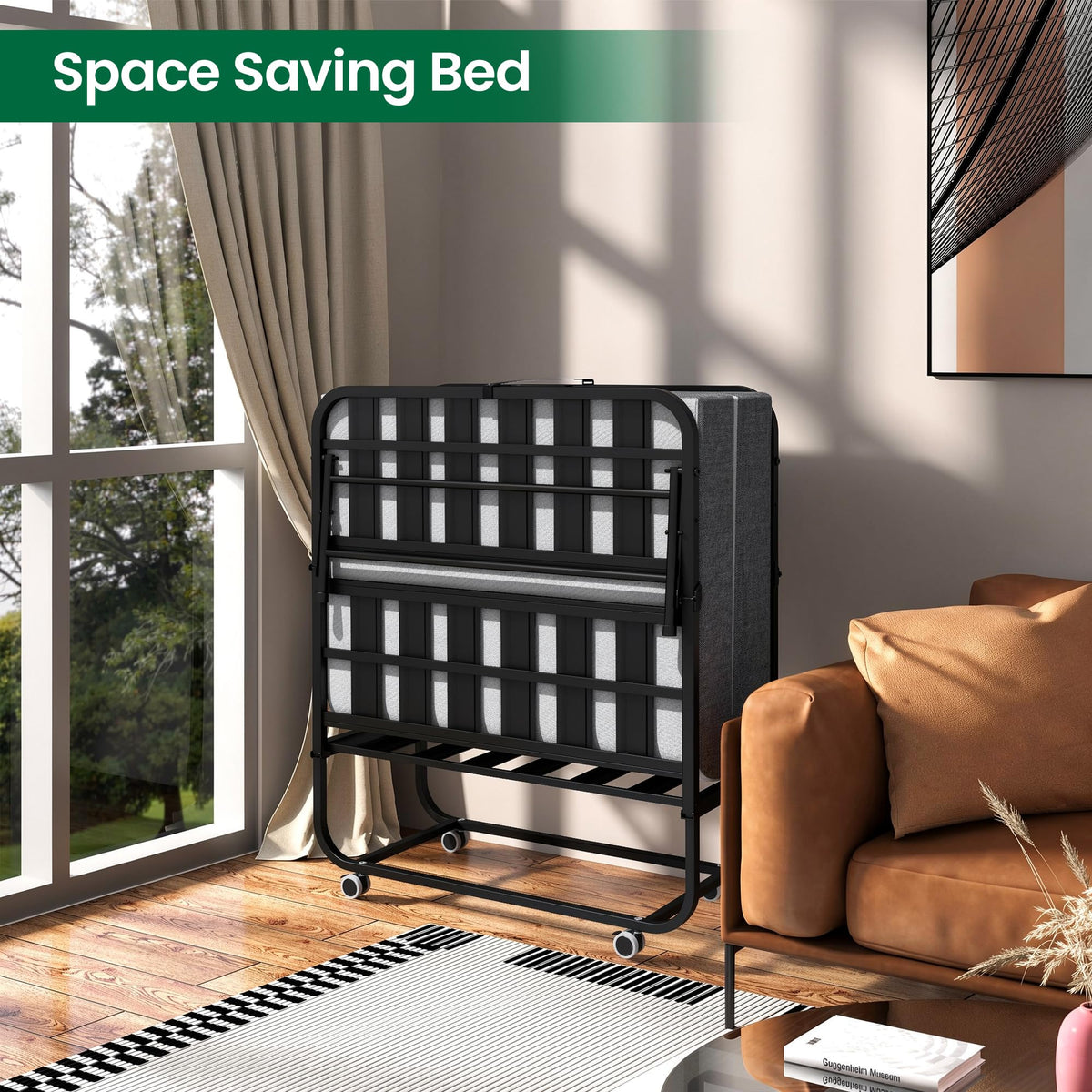 Folding Bed with Mattress with Wheels V81793