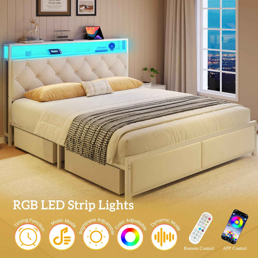 Queen Size Bed Frame with Headboard, Storage Drawers, Charging Station, Led Lights, Metal Structure, Beige N901630