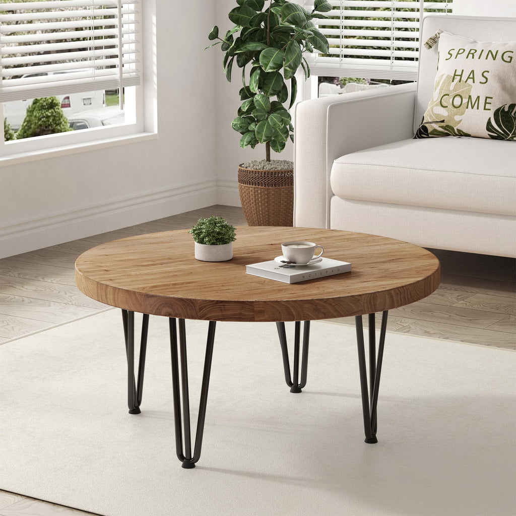 Rustic Wood Round Coffee Table with Metal Legs O152