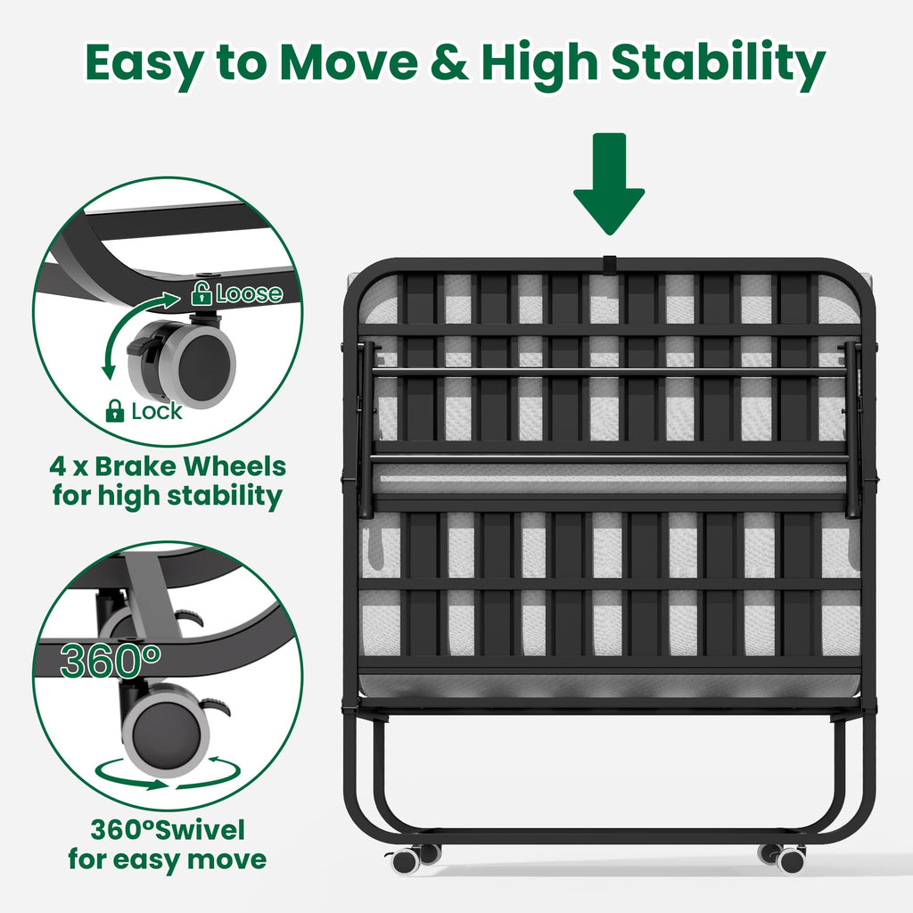 Folding Bed with Mattress with Wheels V81793