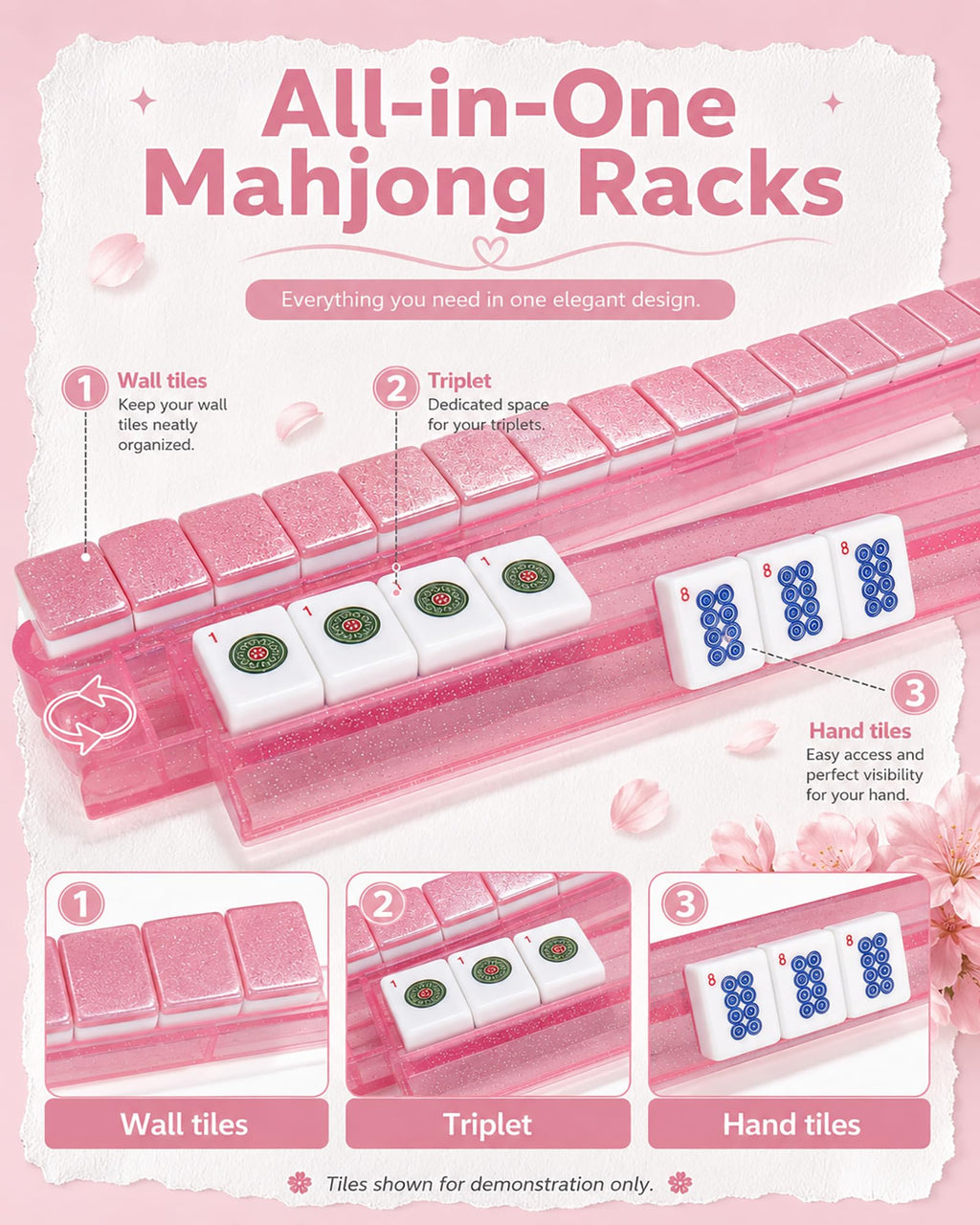Pink Glitter Acrylic Mahjong Racks with Pushers Set of 4 C922