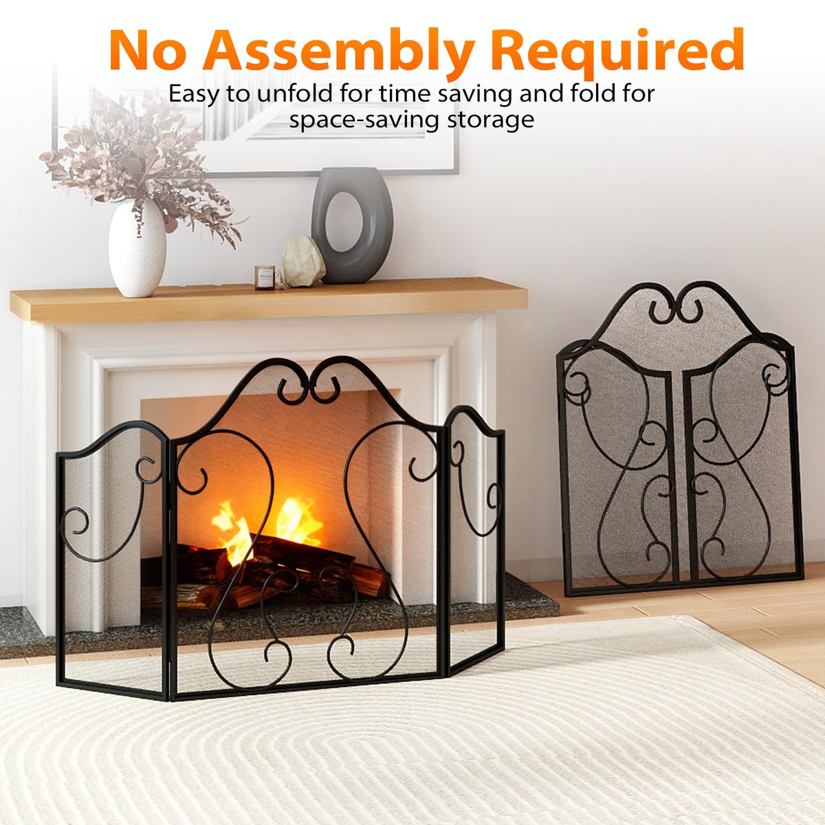 3-Panel Folding Fireplace Screen with Metal Mesh L72980