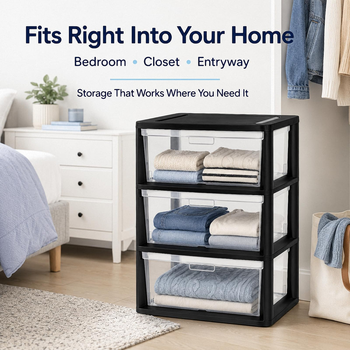 Black 3 Drawer Plastic Storage Tower with Clear Bins E98163