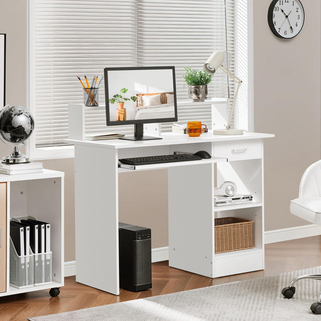 White Computer Desk with Keyboard Tray, Drawers, and Shelves G74662