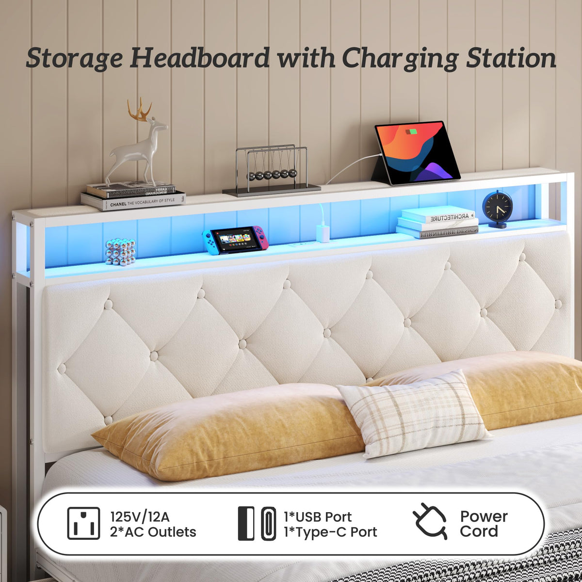 Queen Size Bed Frame with Headboard, Storage Drawers, Charging Station, Led Lights, Metal Structure, Beige N901630