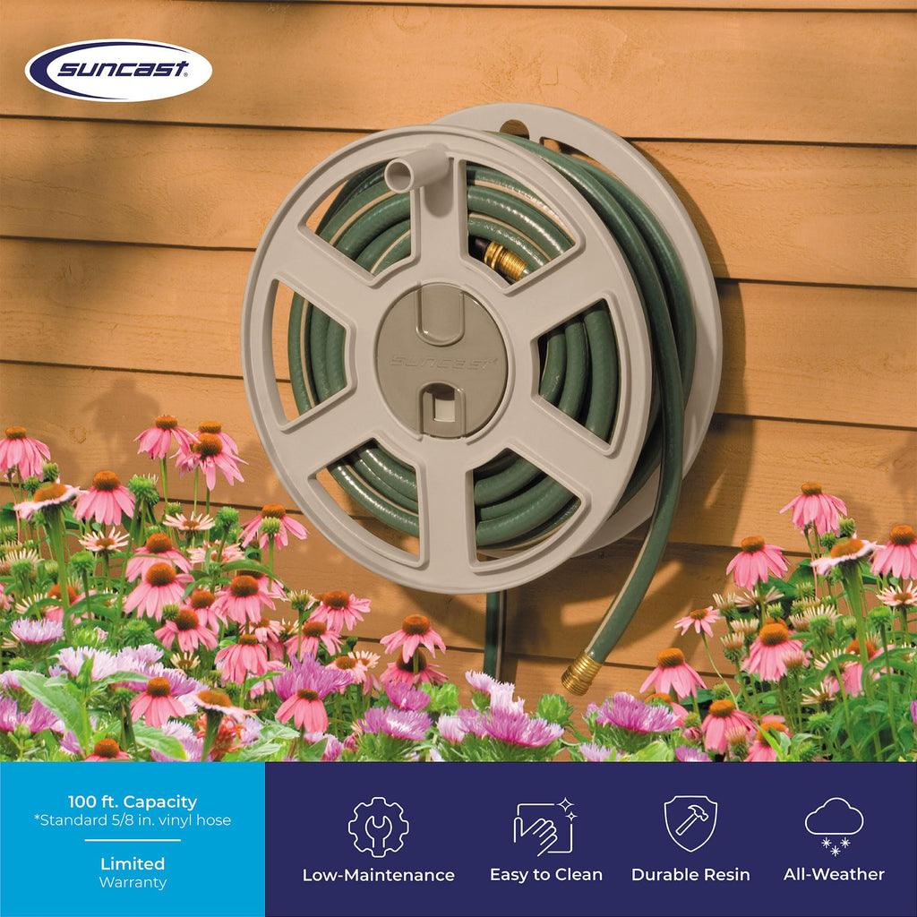 Wall Mount Garden Hose Reel 100 Feet Capacity Light Taupe Resin Z262