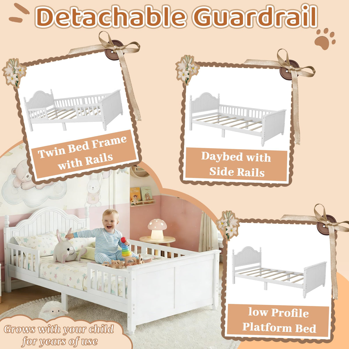 White Twin Bed Frame with Headboard and Rails F94816