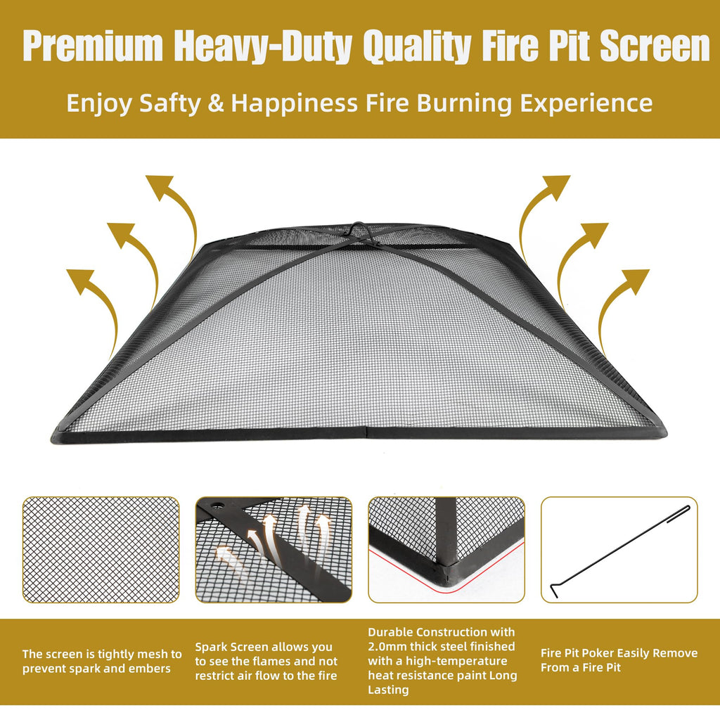32In Square Heavy Duty Fire Pit Screen Cover with Handle and Poker Black E18565