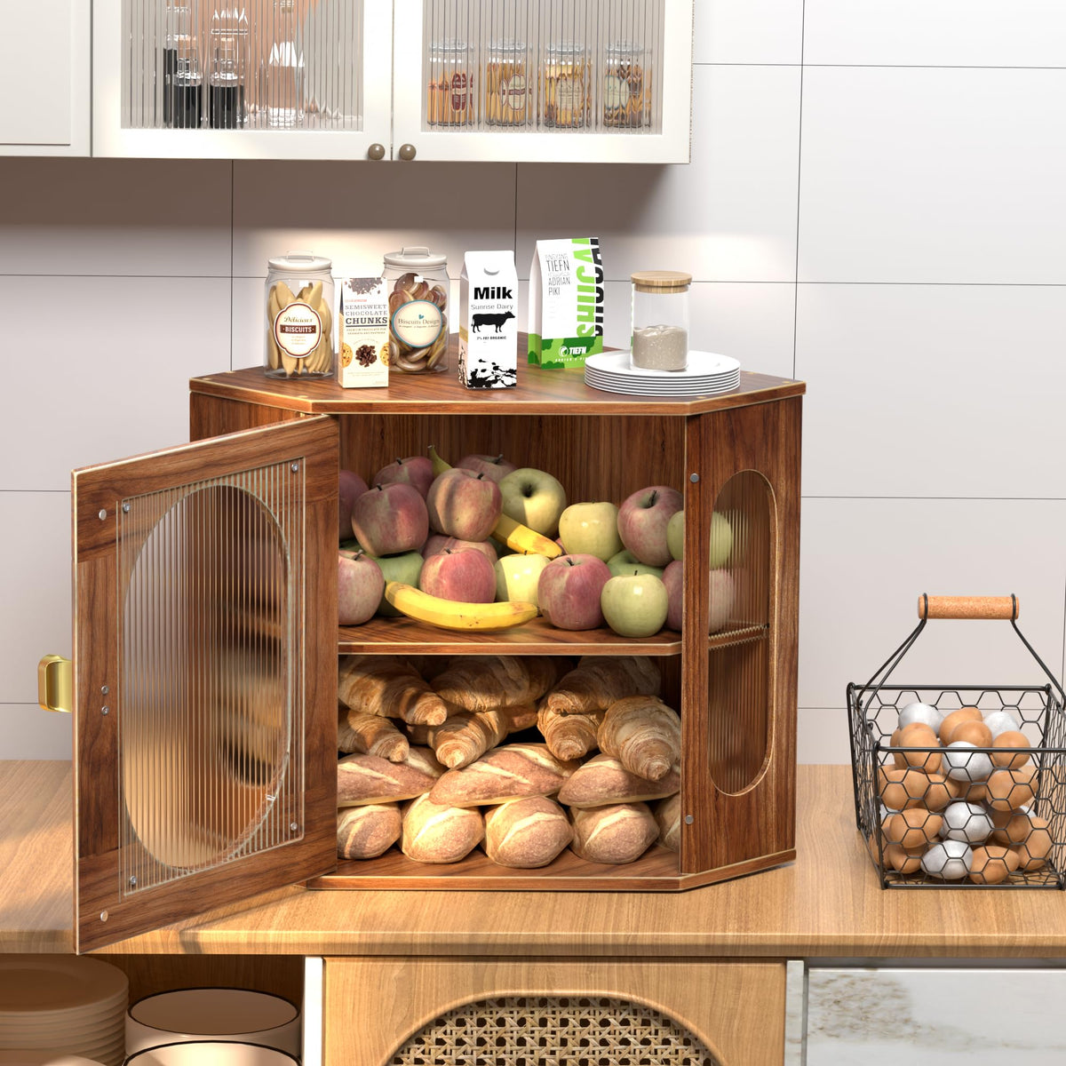 Large Wooden Double Layer Bread Box with Acrylic Window Q12860