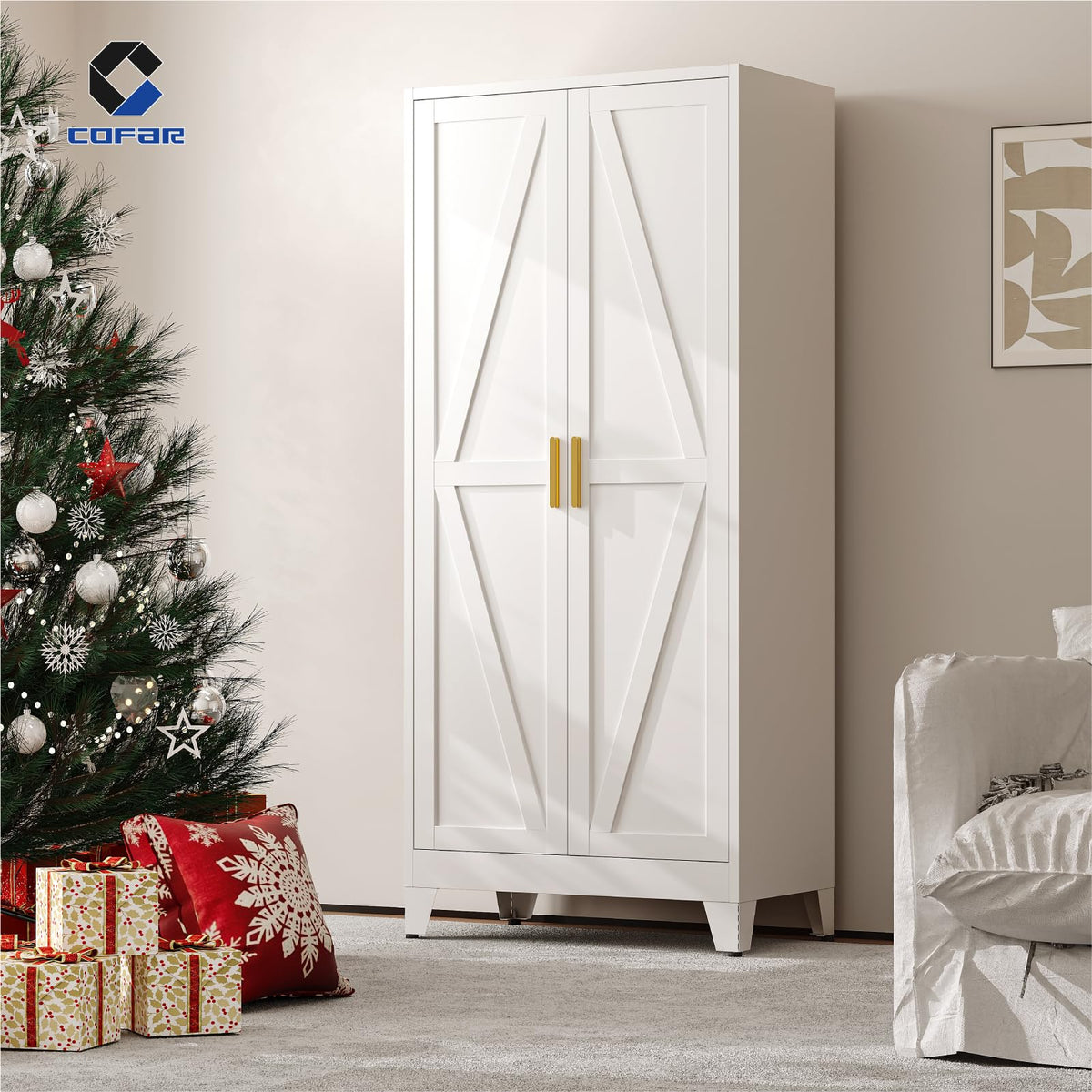 Metal Wardrobe Closet with Doors, 71'' Tall Steel Armoire with Shelves O7531