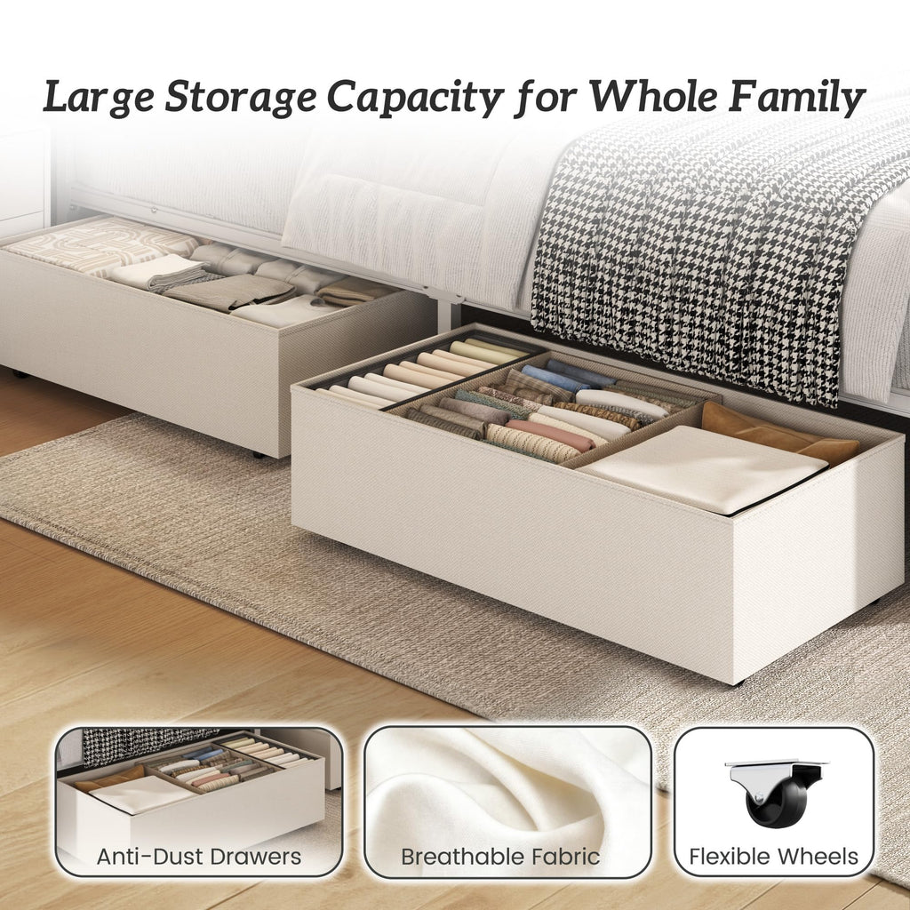 Queen Size Bed Frame with Headboard, Storage Drawers, Charging Station, Led Lights, Metal Structure, Beige N901630