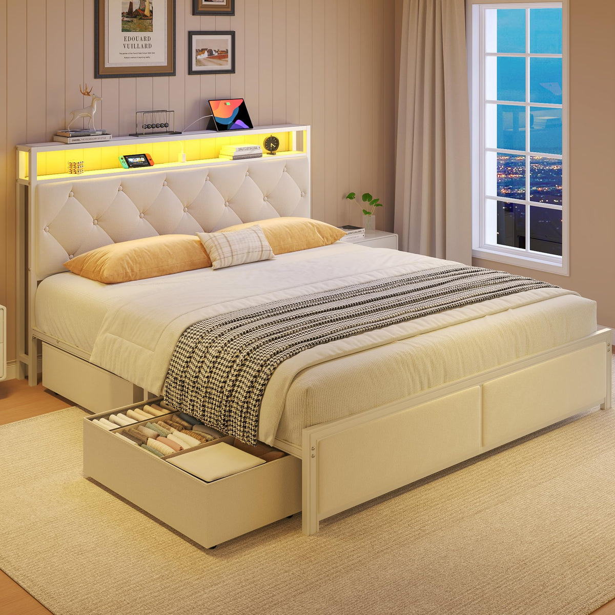 Queen Size Bed Frame with Headboard, Storage Drawers, Charging Station, Led Lights, Metal Structure, Beige N901630