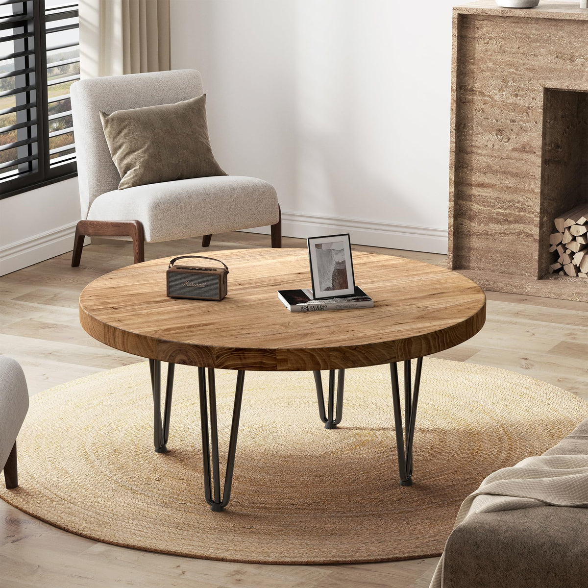 Rustic Wood Round Coffee Table with Metal Legs O152
