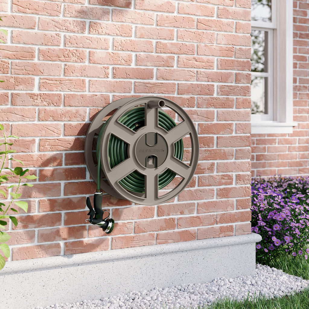Wall Mount Garden Hose Reel 100 Feet Capacity Light Taupe Resin Z262
