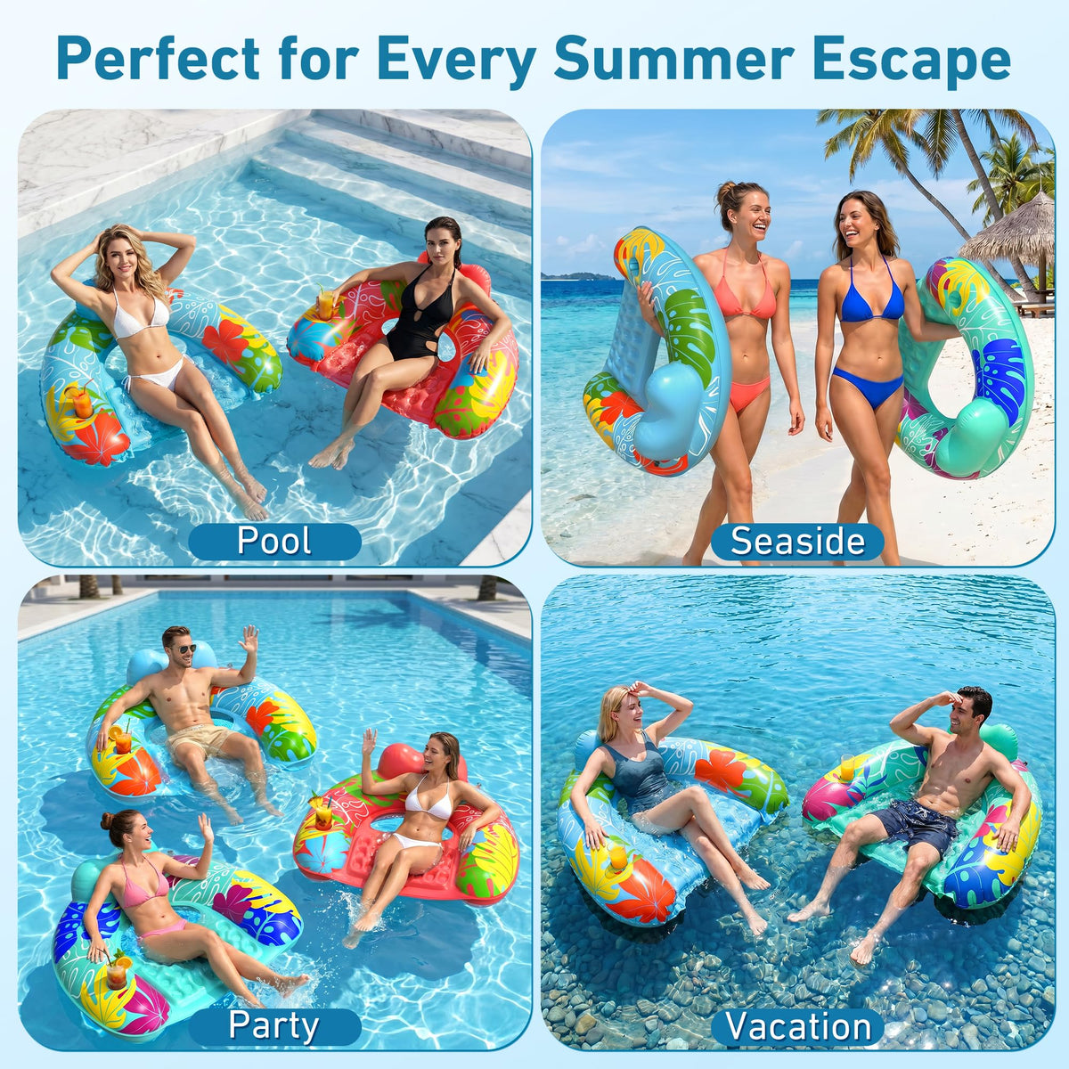 3 Pack Inflatable Pool Float Chairs with Cup Holder I815385