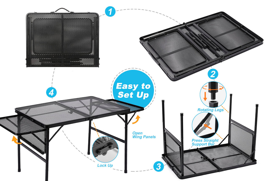 Black 4.4 FT Folding Camping Table with 2 Wing Panels J385