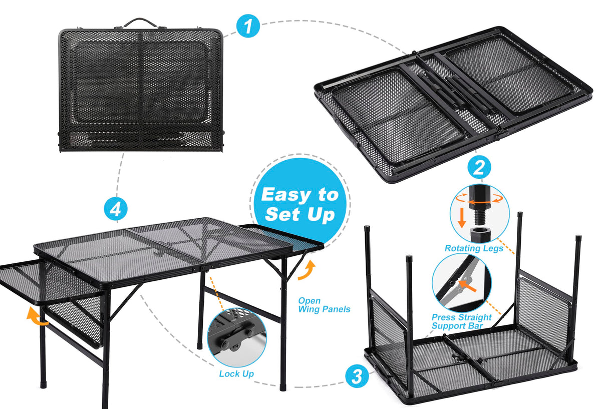 Black 4.4 FT Folding Camping Table with 2 Wing Panels J385
