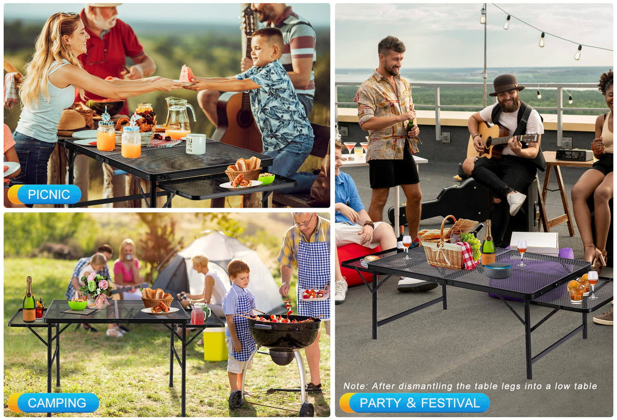 Black 4.4 FT Folding Camping Table with 2 Wing Panels J385