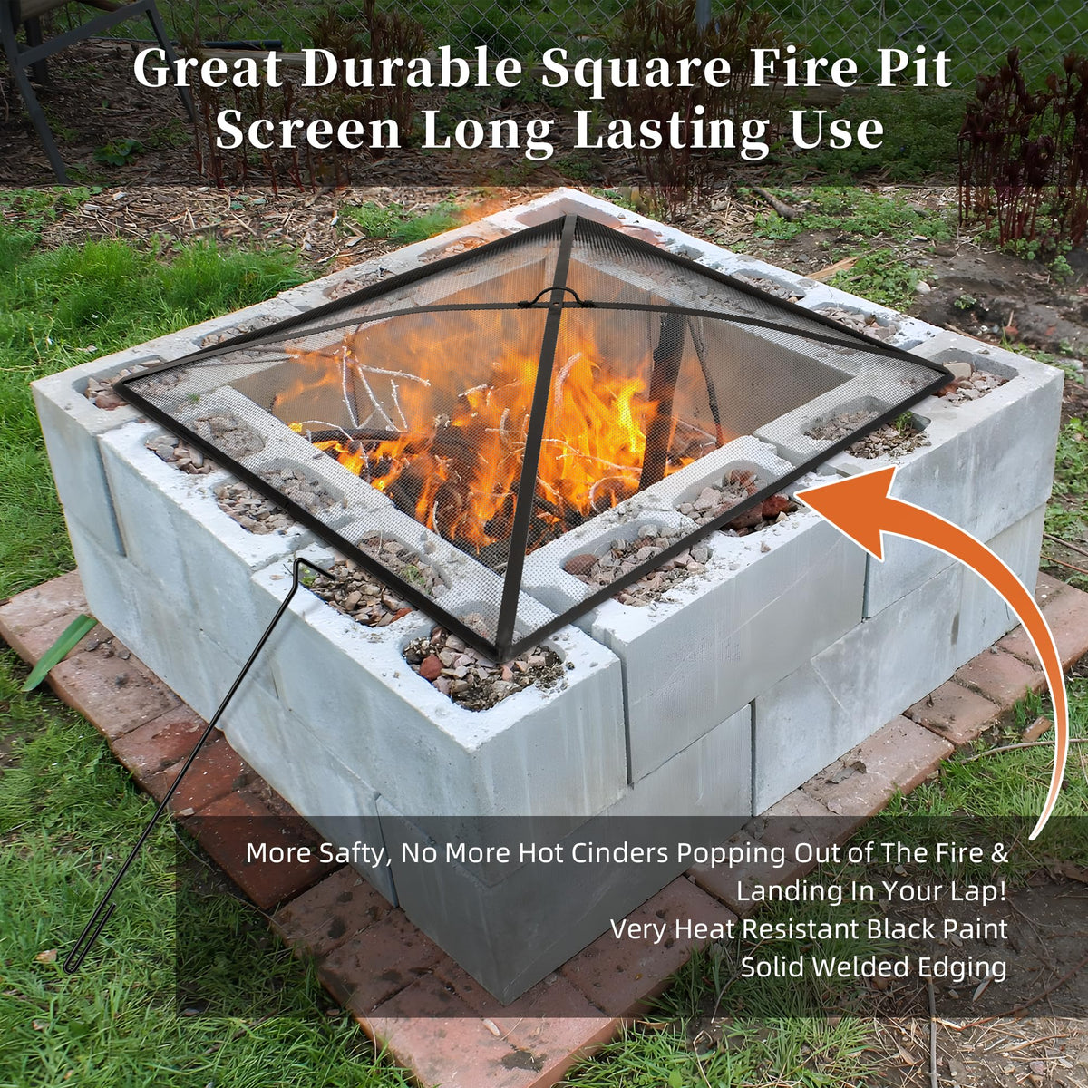 32In Square Heavy Duty Fire Pit Screen Cover with Handle and Poker Black E18565