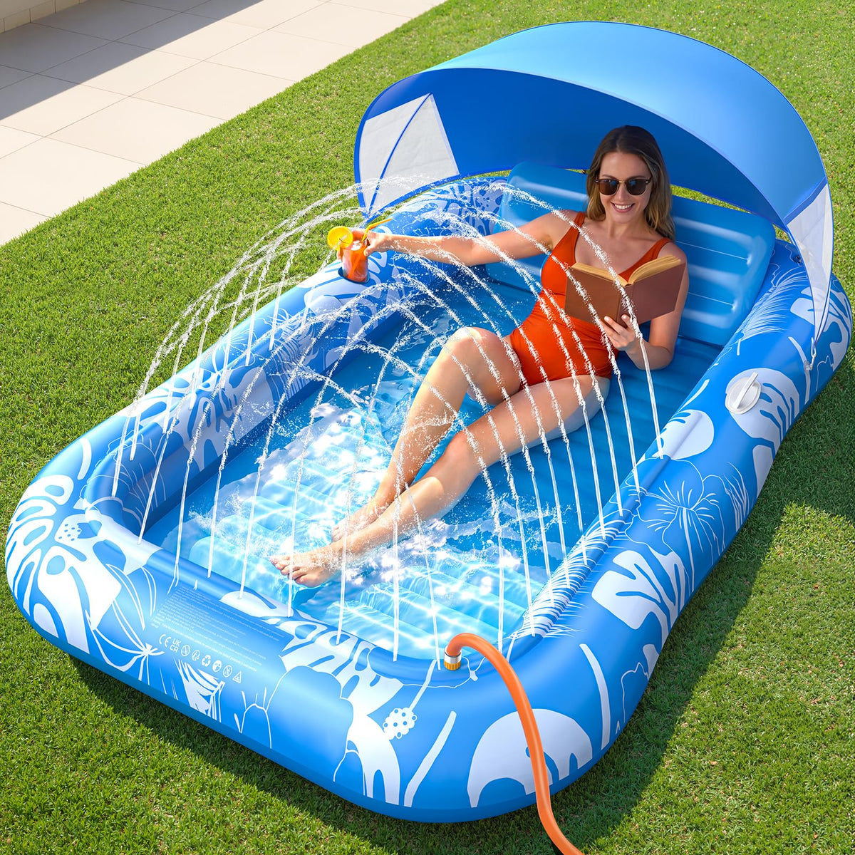 Inflatable Tanning Pool Lounger Float with Sprinkler, Pillow & Cup Holder J51529