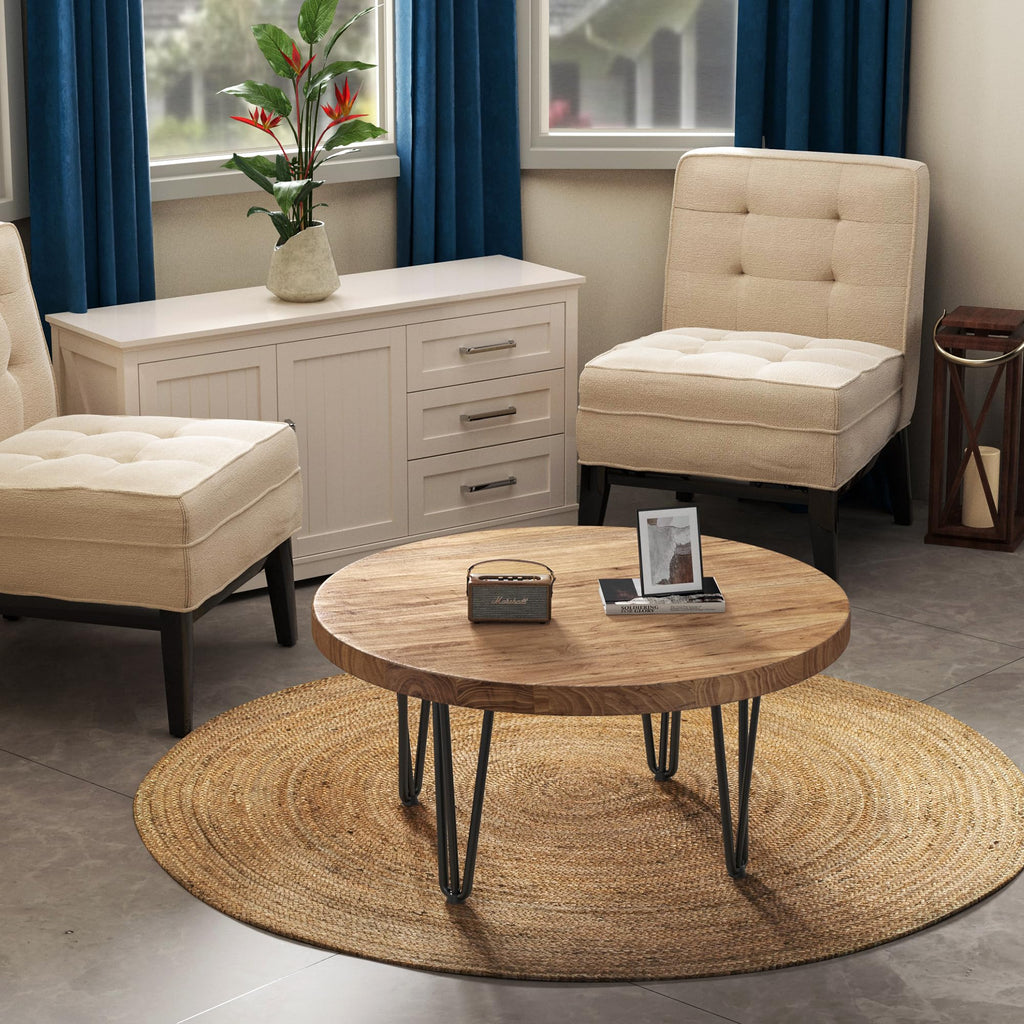 Rustic Wood Round Coffee Table with Metal Legs O152