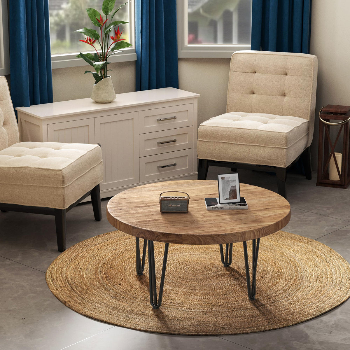 Rustic Wood Round Coffee Table with Metal Legs O152